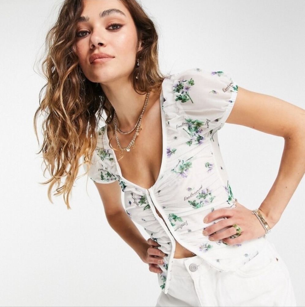 Reclaimed Vintage Inspired Ruched Mesh Top‎ In Floral Print Size Medium